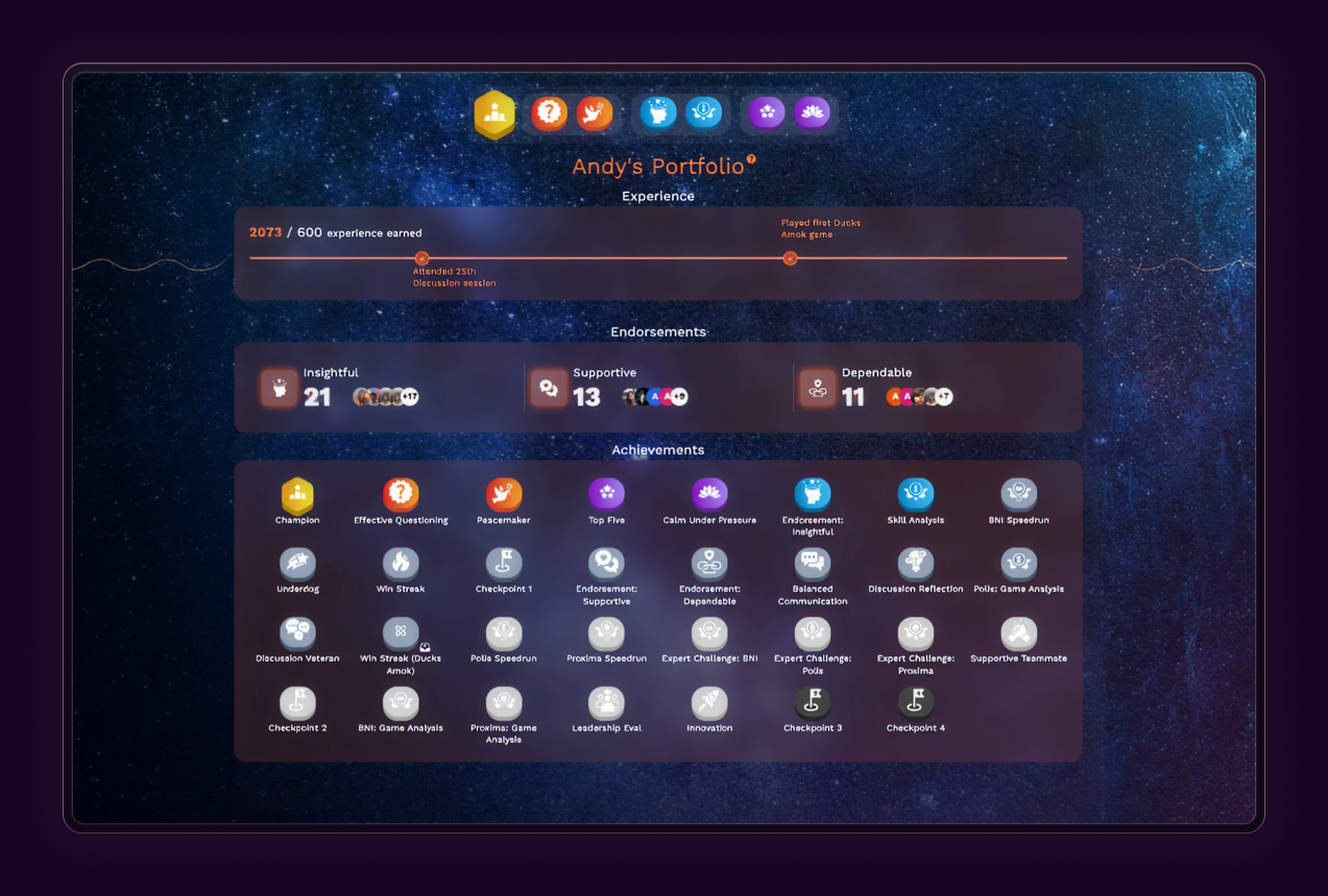 Portfolio screenshot showing Experience, Endorsements, and Achievements